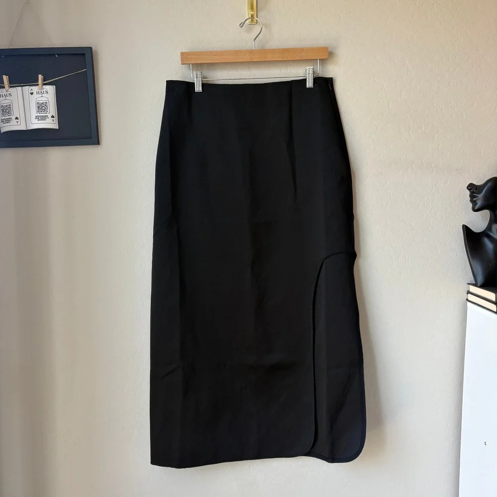 By Malene Birger Skirt Satin Wick Black Side Slit Midi Skirt Size 42 US 12 - Picture 2 of 9